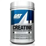 Un envase plateado y azul de Gat Creatina Monohidratada X 300 Gramos, con la etiqueta "Polvo de calidad farmacéutica", destaca el apoyo muscular y la resistencia; el envase de 300 gramos proporciona 60 raciones.