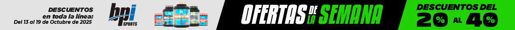 Banner promocional de suplementos BPI Sports con texto: DESCUENTOS con BPI de la línea Del 13 al 15 de Octubre de 2023, OFERTAS DE SEMANA, y DESCUENTOS DEL 20% AL 40% sobre fondo verde y negro.