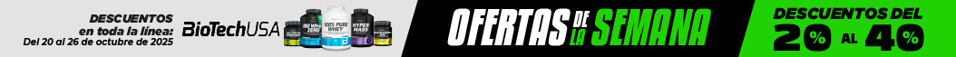 Banner promocional de suplementos BioTechUSA con botellas, texto en español que anuncia descuentos del 28 al 4 de septiembre de 2023, y ofertas semanales del 28% al 40% de descuento. Colores: blanco, negro y verde.