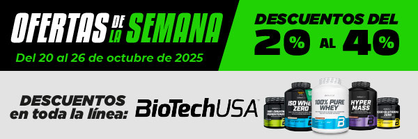 Banner promocional en español de suplementos BioTechUSA, anunciando ofertas de la semana del 20 al 26 de octubre de 2025, con descuentos del 20% al 40%. Se muestran varios envases de suplementos.