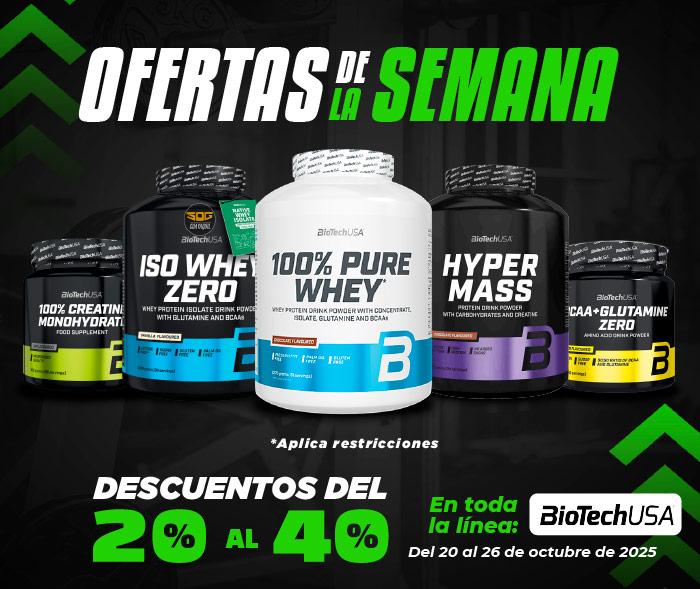 Imagen promocional de suplementos BioTechUSA, mostrando varias botellas de productos con texto que ofrece descuentos semanales del 20% al 40% en todos los productos del 20 al 26 de octubre de 2025.