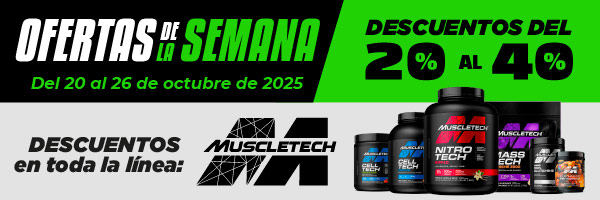 Banner promocional de suplementos Muscletech con botellas expuestas, anunciando ofertas semanales y descuentos del 20% al 40% del 20 al 26 de octubre de 2025. Texto en español.