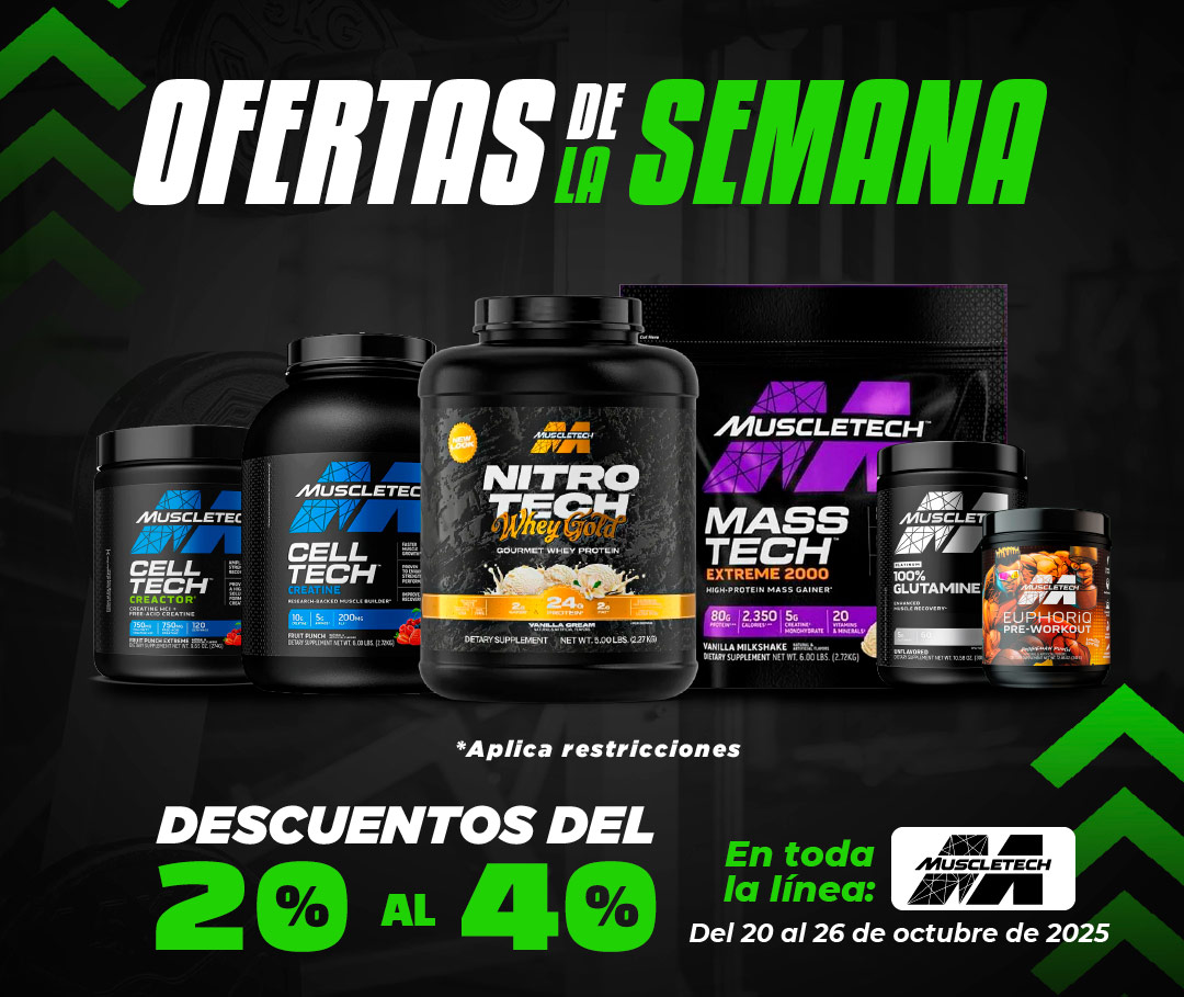 Promoción de suplementos MuscleTech: envases de proteínas, creatina y glutamina sobre fondo negro con texto que anuncia ofertas de la semana, descuentos del 20% al 40% en toda la línea, vigentes del 20 al 26 de octubre de 2025.